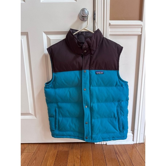 Patagonia Bivy Puffer Vest Full Zip Goose Down Khaki Blue Brown Men's large L - Picture 2 of 11
